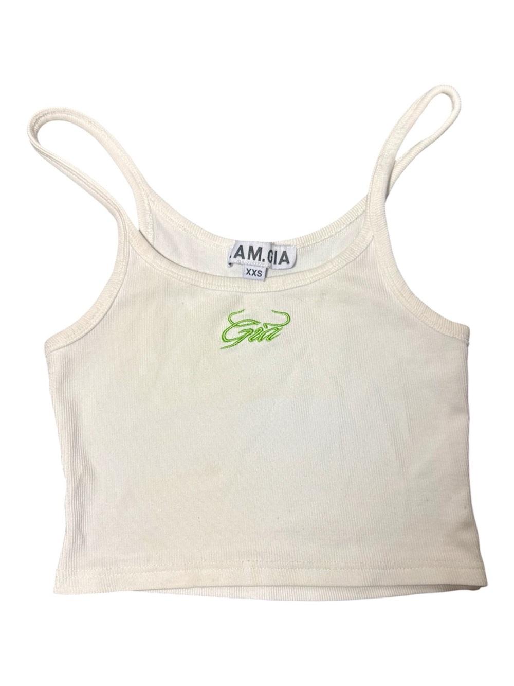 I.AM.GIA White Ribbed Crop Tank with Neon Green Script
